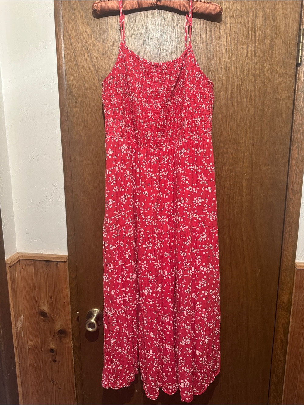 Red Floral Smocked Midi Dress